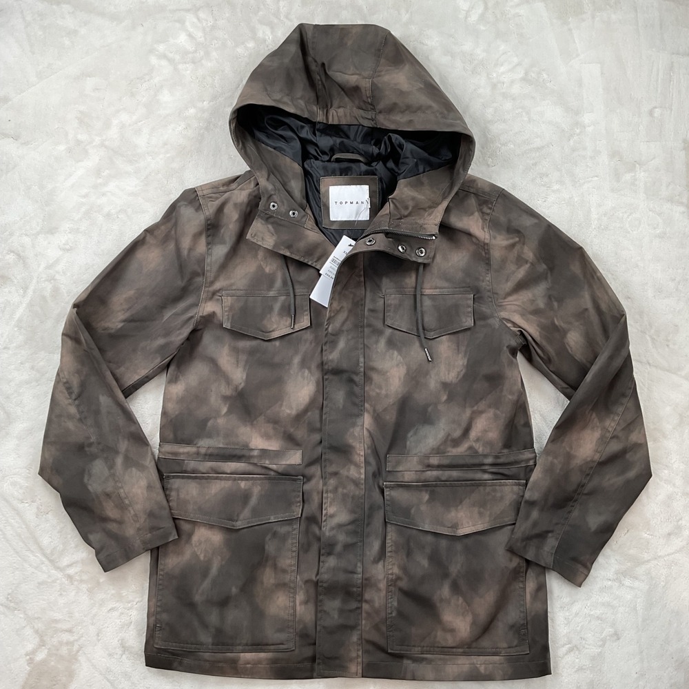 Topman Mens Brown Cloud Wash Hooded Field Jacket Multi Pocket Parka XS NEW